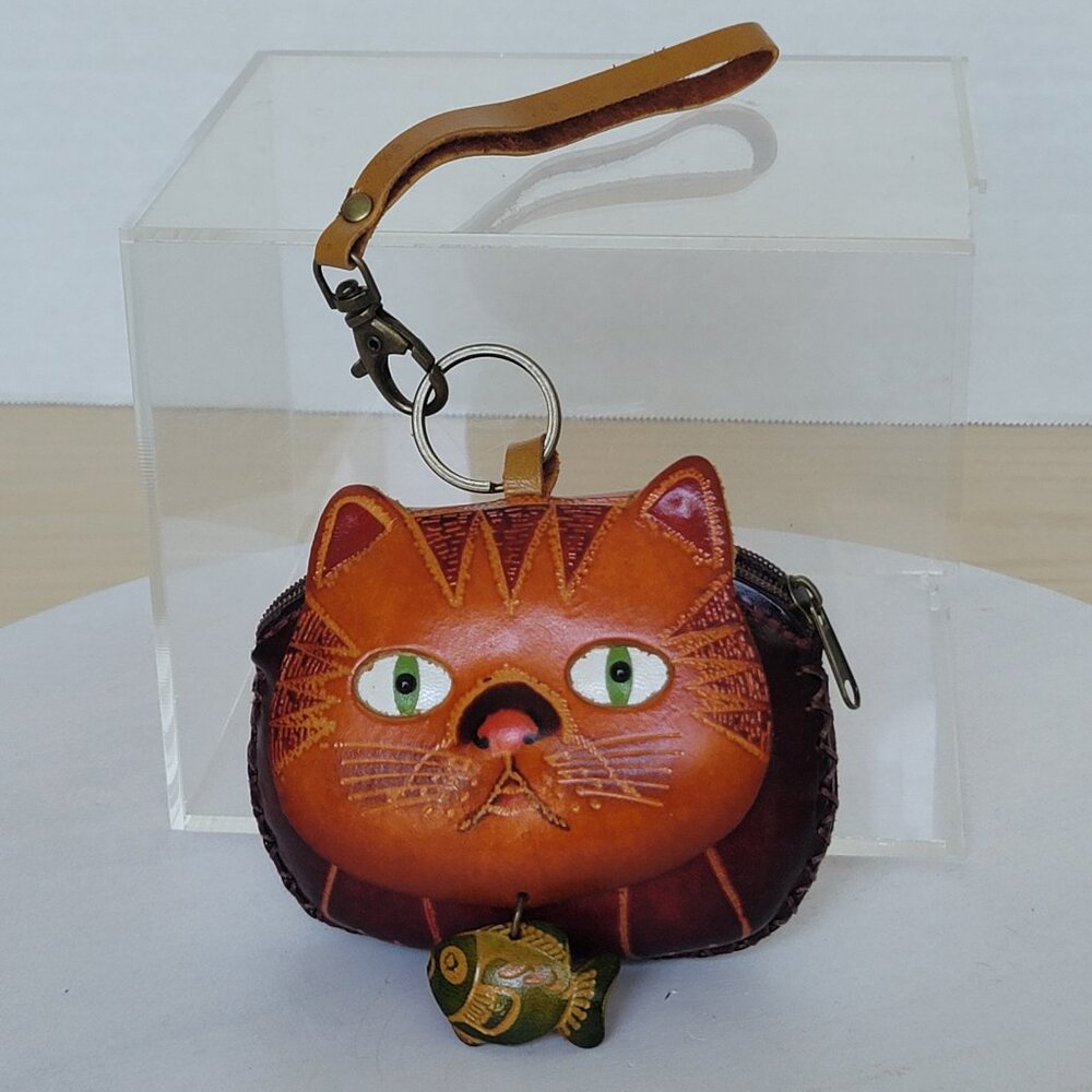 Leather Cat Kitty Face With Fish Charm Handcrafted Wristlet Coin Change Pouch